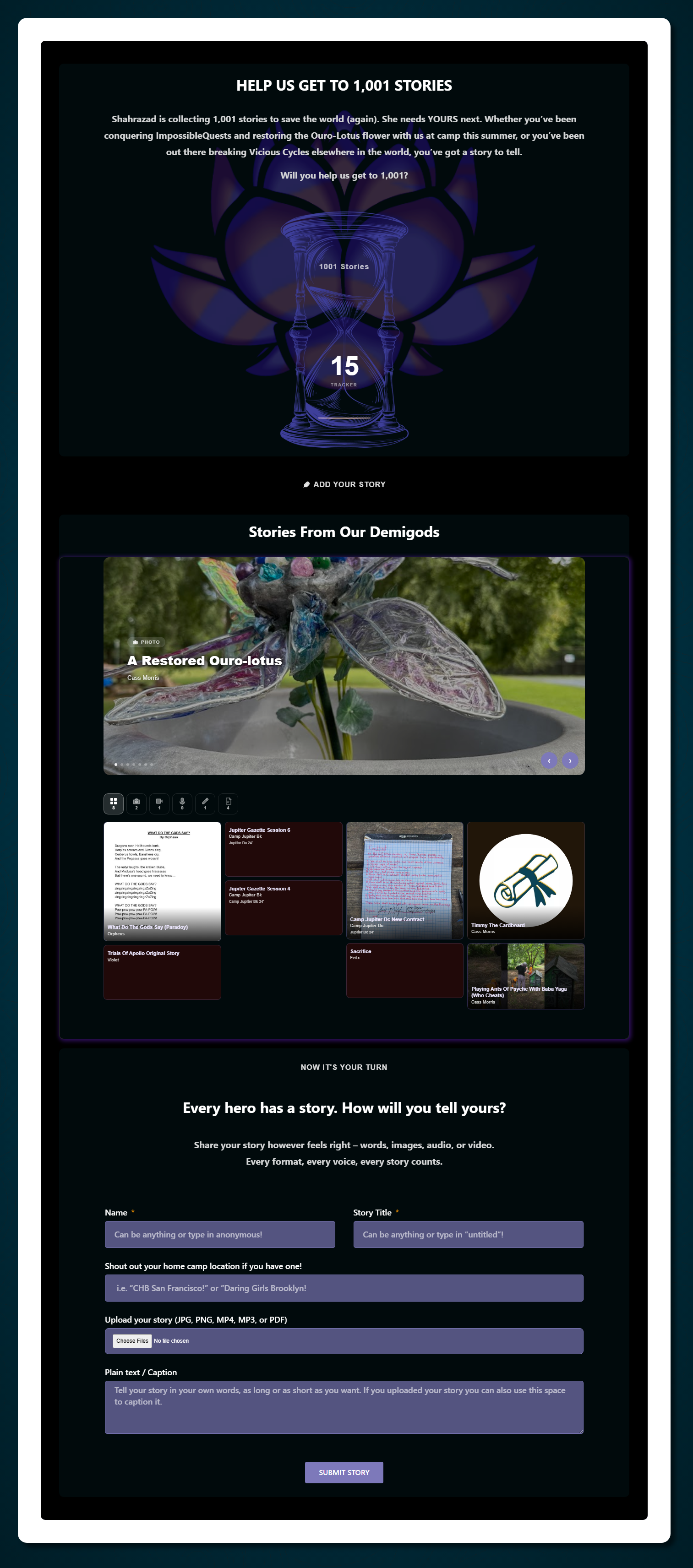 1,001 Stories platform — full-page view showing the hero counter, Stories From Our Demigods gallery, and multi-format submission form
