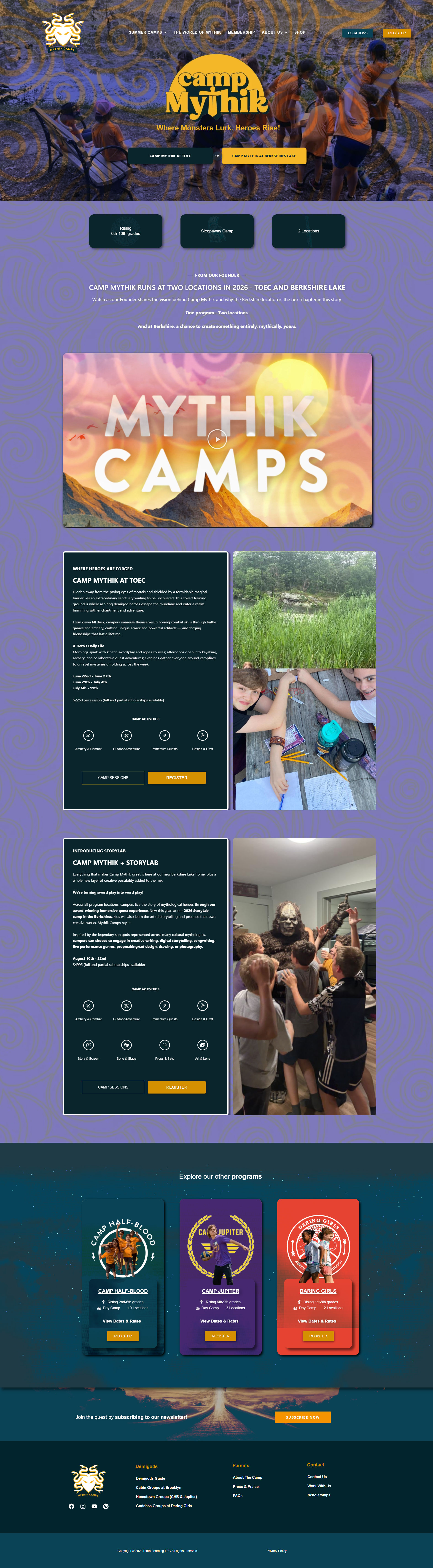 Camp Mythik page: unified hero, anchor navigation, and parallel Taconic Outdoor Education Center (TOEC) and Berkshire Lake location sections