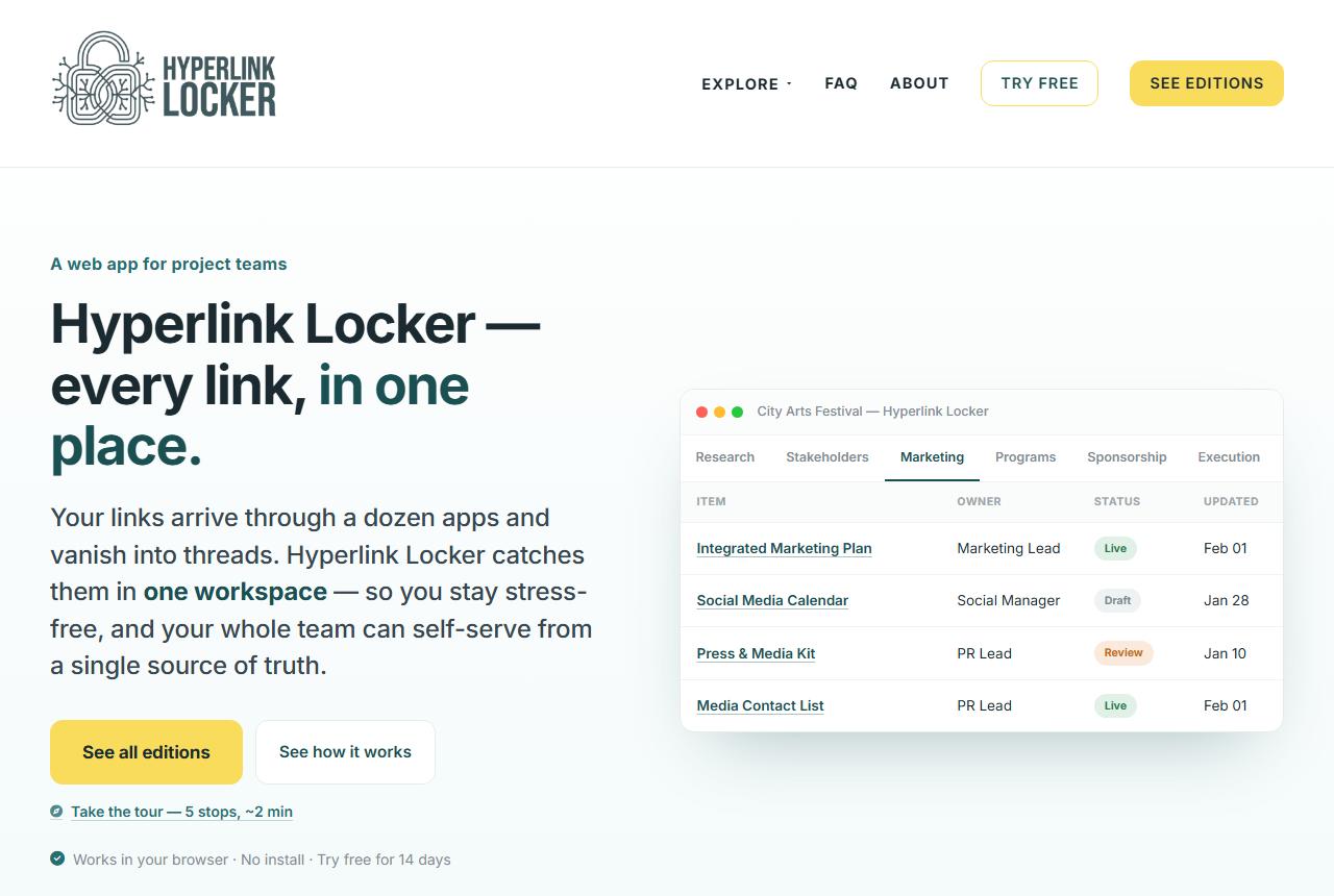 Hyperlink Locker home page — a shared workspace where every project link lives in one place, organized by tab, owner, and status
