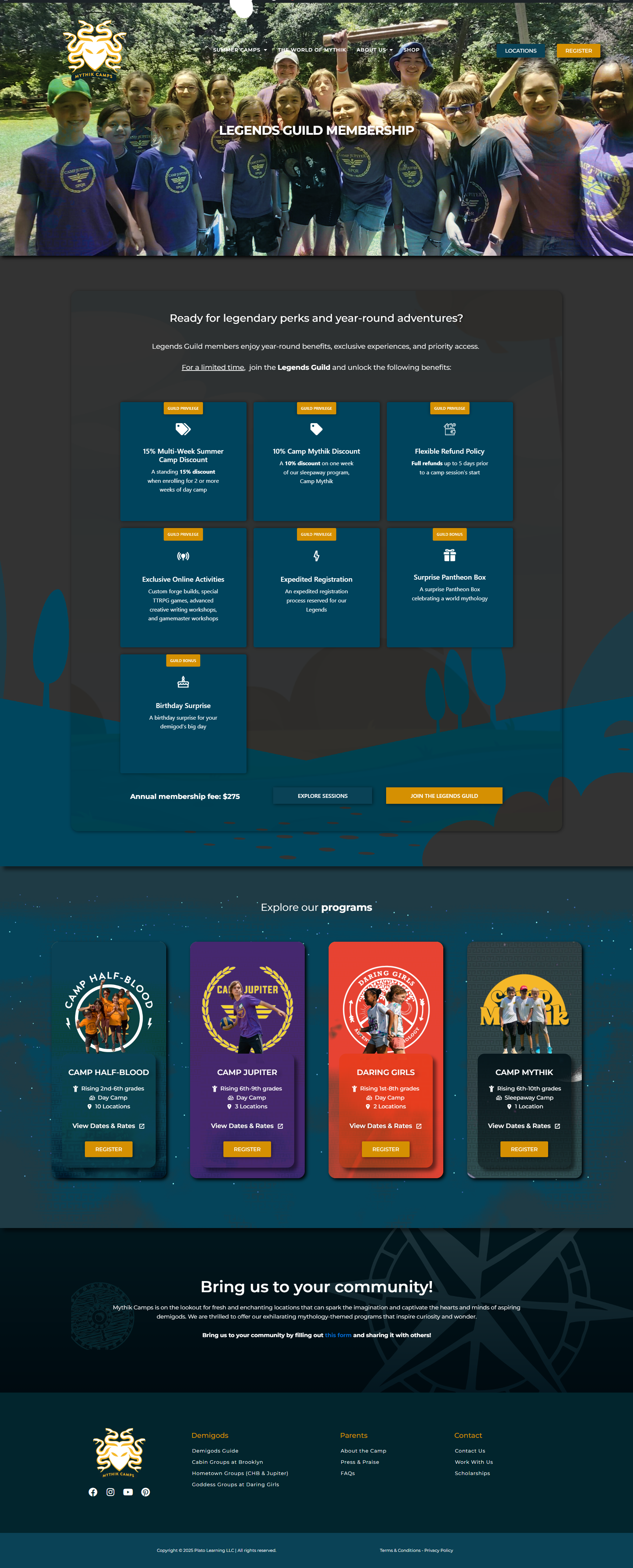 Legends Guild Membership page: Mythik Camps year-round membership landing page